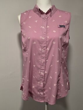 Columbia Women’s Sleeveless Pink Summer Printed Button-Front Blouse Size Large